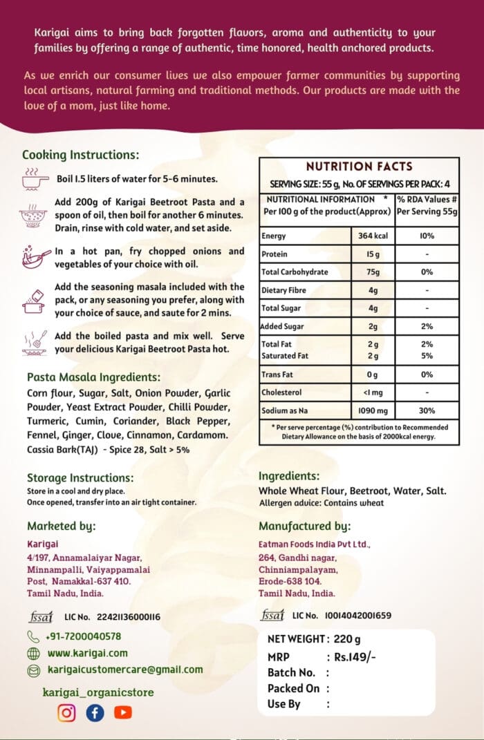 beetroot pasta nutritional facts