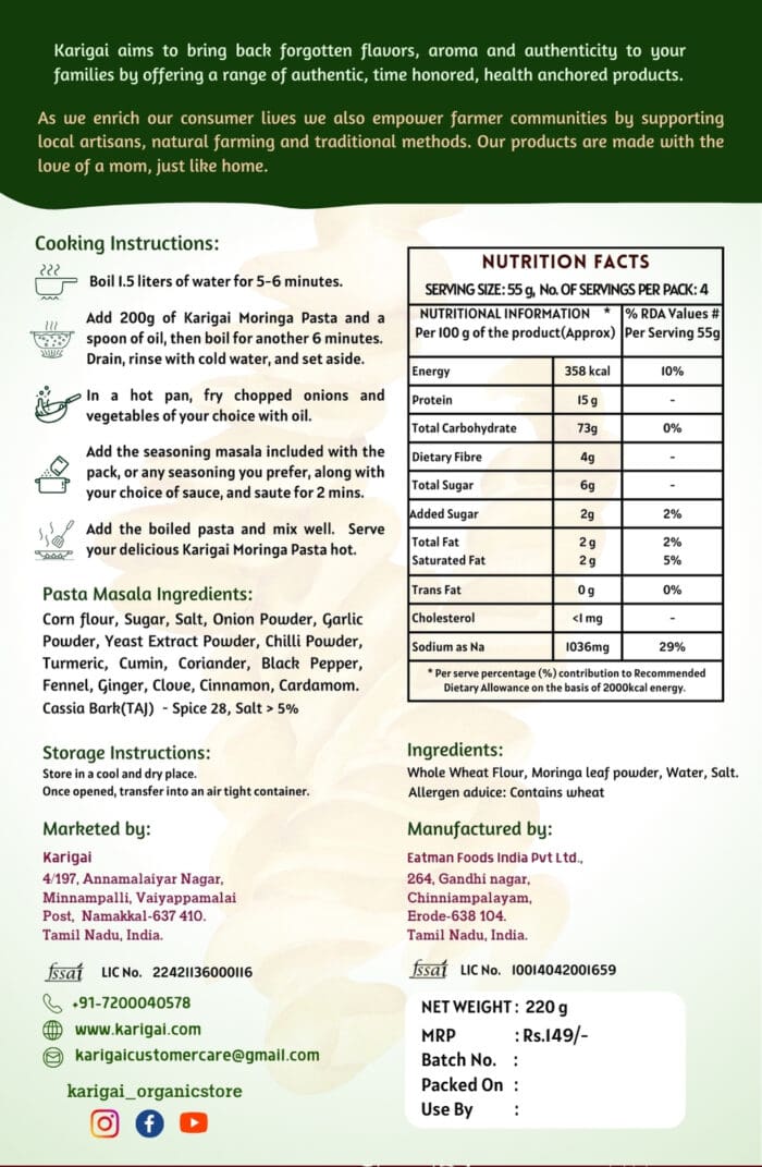 Moringa pasta nutritional facts